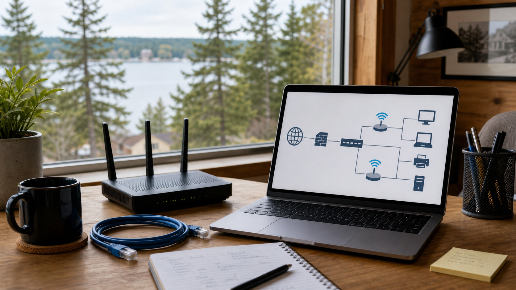 Laptop, Wi-Fi router, and network equipment on a local office desk