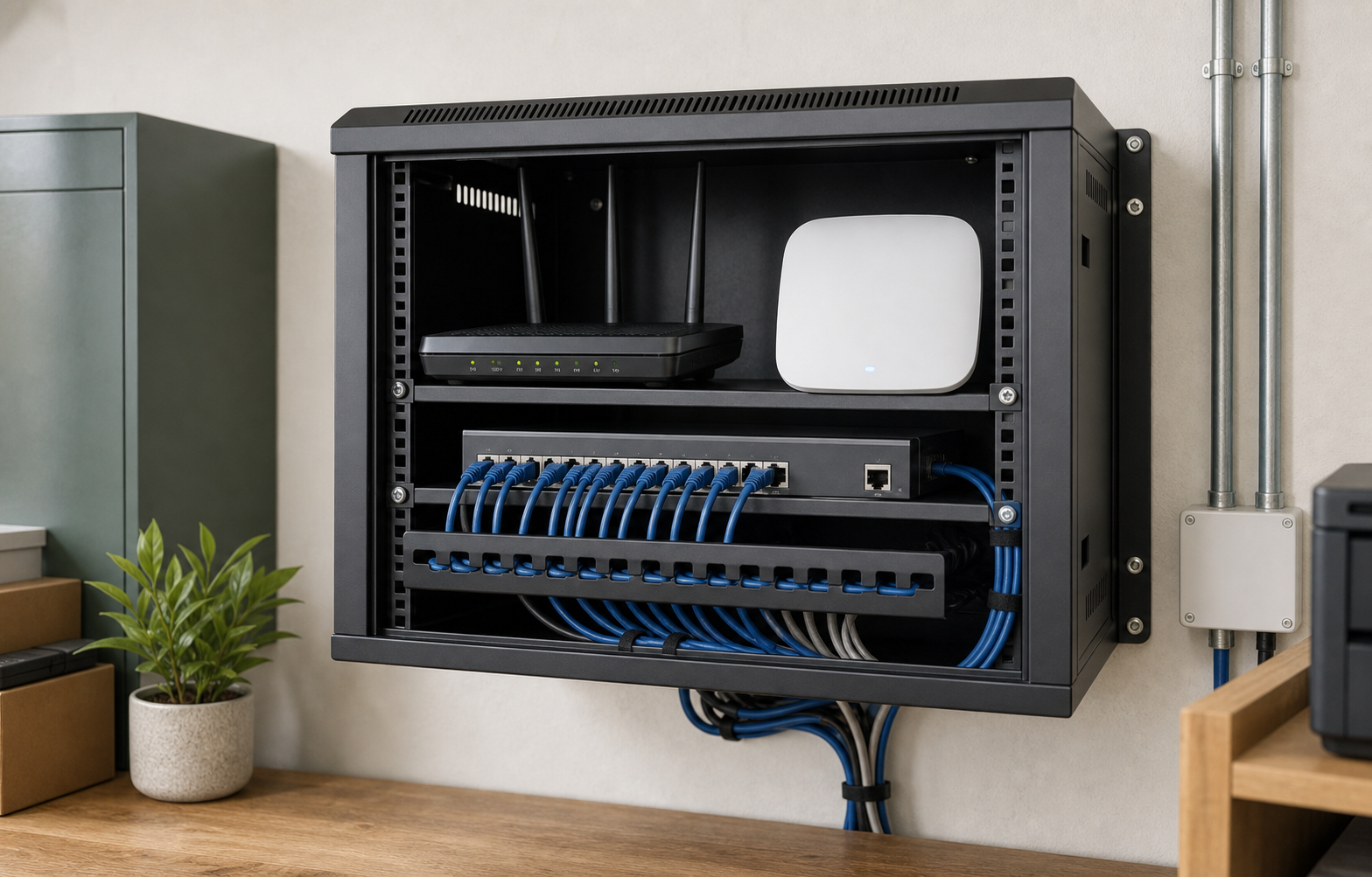 Organized network cabinet with router, access point, switch, and managed cabling